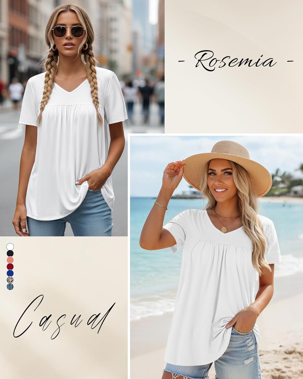 T Shirts for Women Short Sleeve Tops Casual Pleated Front Blouses V Neck Summer Tees - Image 2