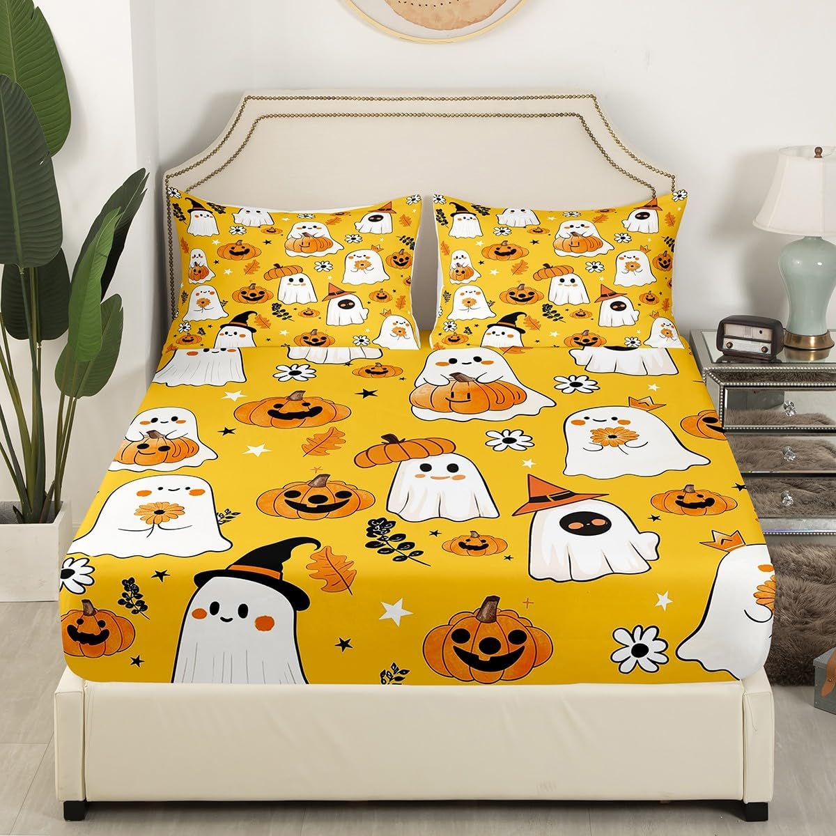Erosebridal Cute Ghost Fitted Sheet Gothic Bed Sheets Full,Cartoon Pumpkin Lantern Halloween Sheets Yellow White Orange Spooky Silhouette Witch Hat Bedding Set,Kawaii Room Decor