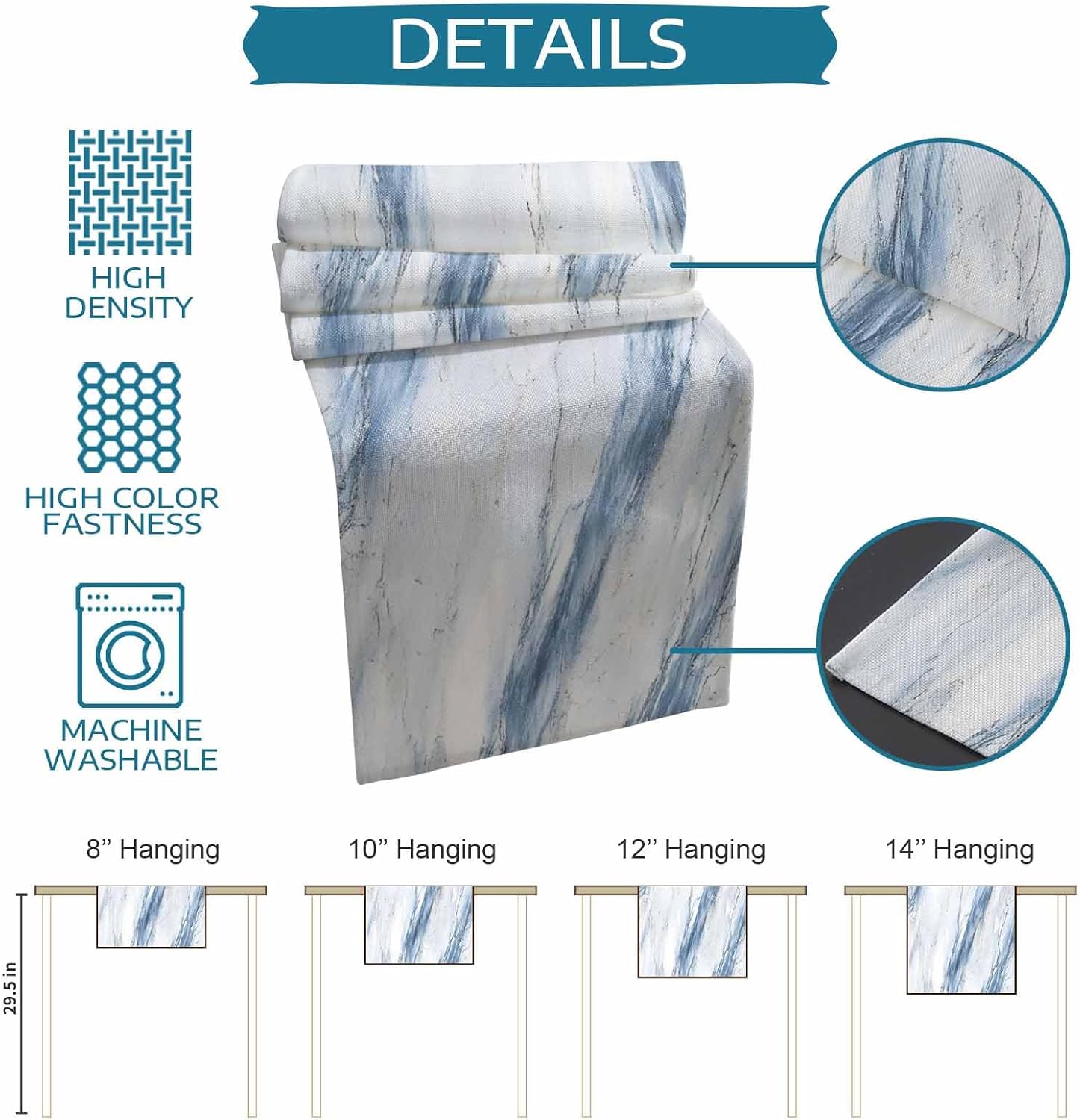 Blue Gray Marble Table Runner and Placemats for Dining Table, Burlap Coffee Table Runner 90 Inch Long Nature Abstract Modern Art Washable Table Mats for Kitchen Party Farmhouse Placemats Set of 6