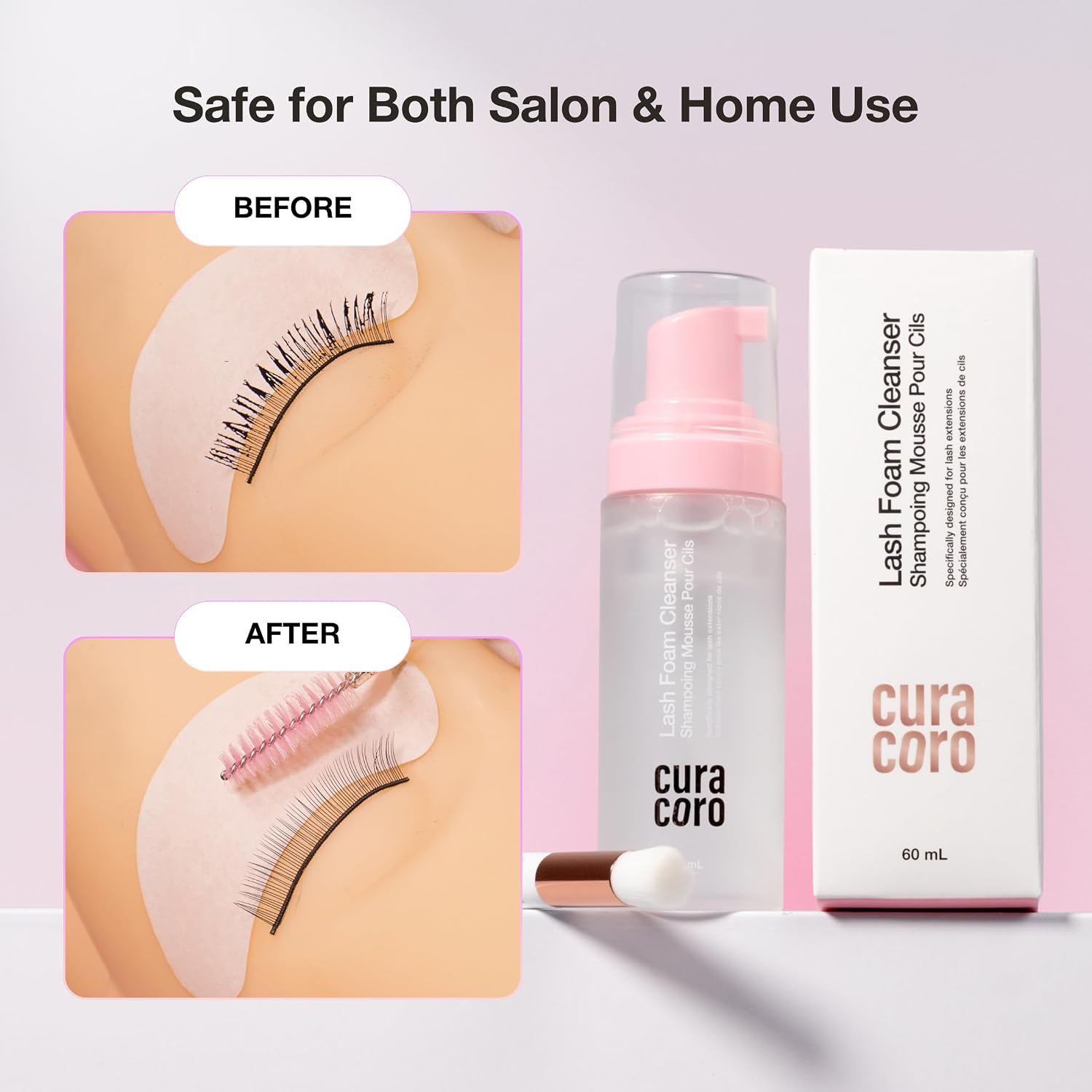 CURACORO 60ML Eyelash Extension Cleanser (Unscented) - Lash Shampoo for Lash Extensions, Eyelash Extension Foam Cleanser for Sensitive Skin, Removes Waterproof Makeup for Professional & Home Use