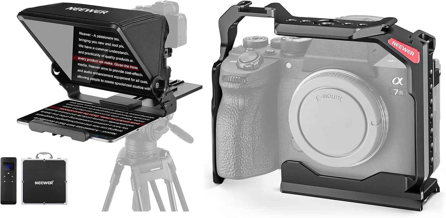 Neewer Teleprompter with Arca Type Camera Mount, Cold Shoes, RT113 Remote Teleprompter App, Full Camera Cage Compatible with Sony a7R V/a7R IV/a7 IV/a7S III/a1 Included