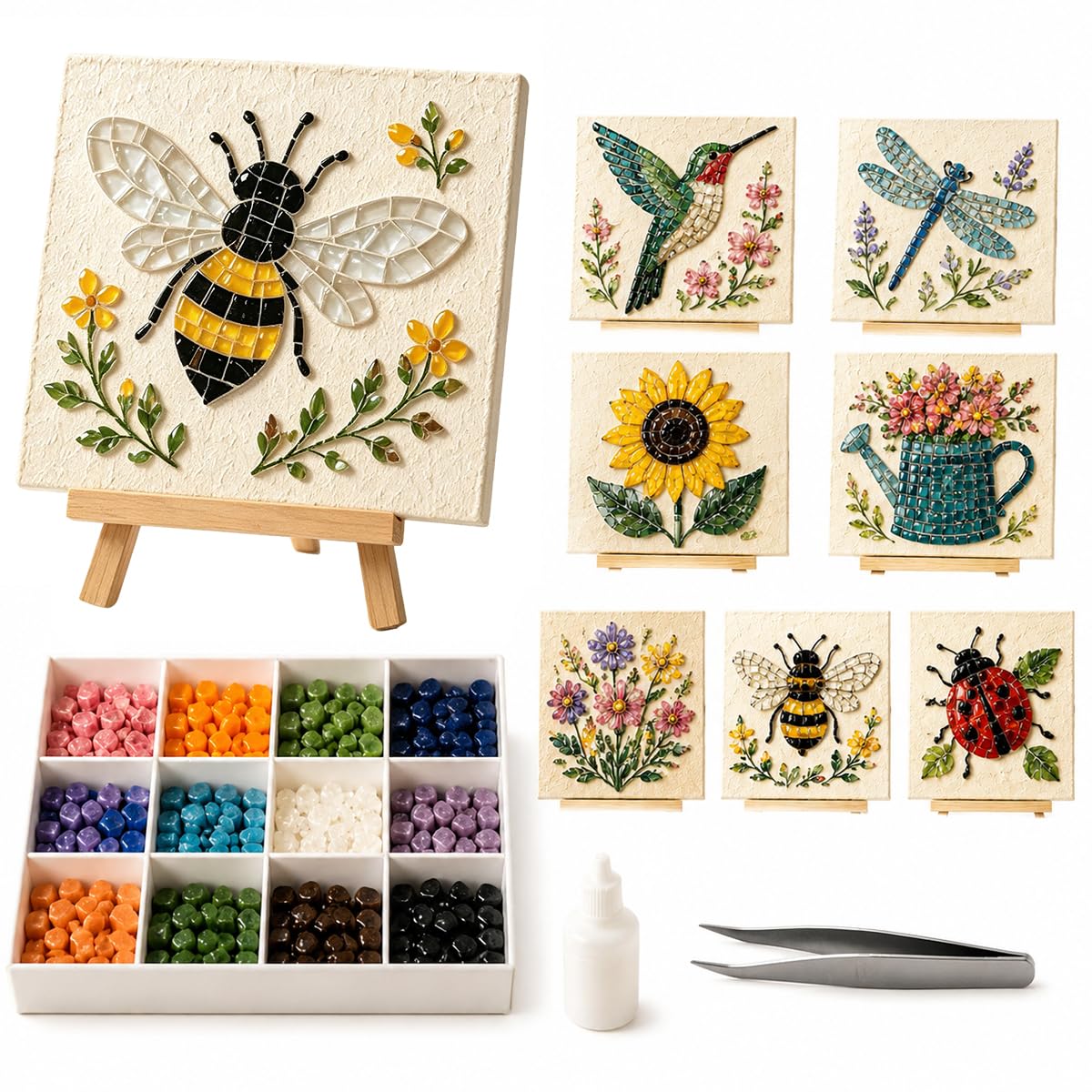Cottage Garden Mosaic DIY Kit, 8 Flora and Fauna Theme Sea Glass Art Kit (#E)