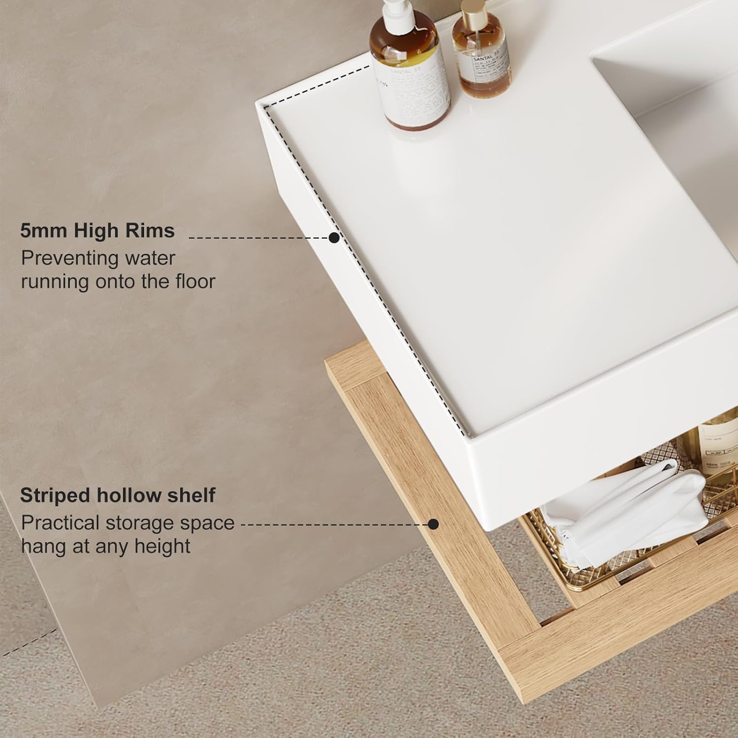 Ambrovina 48'' Floating Vanity Bathroom with White Acrylic Integrated Sink Combo, Wall Mounted Bathroom Storage Cabinet Set with Walnut Open Shelf Layer, Without Faucet