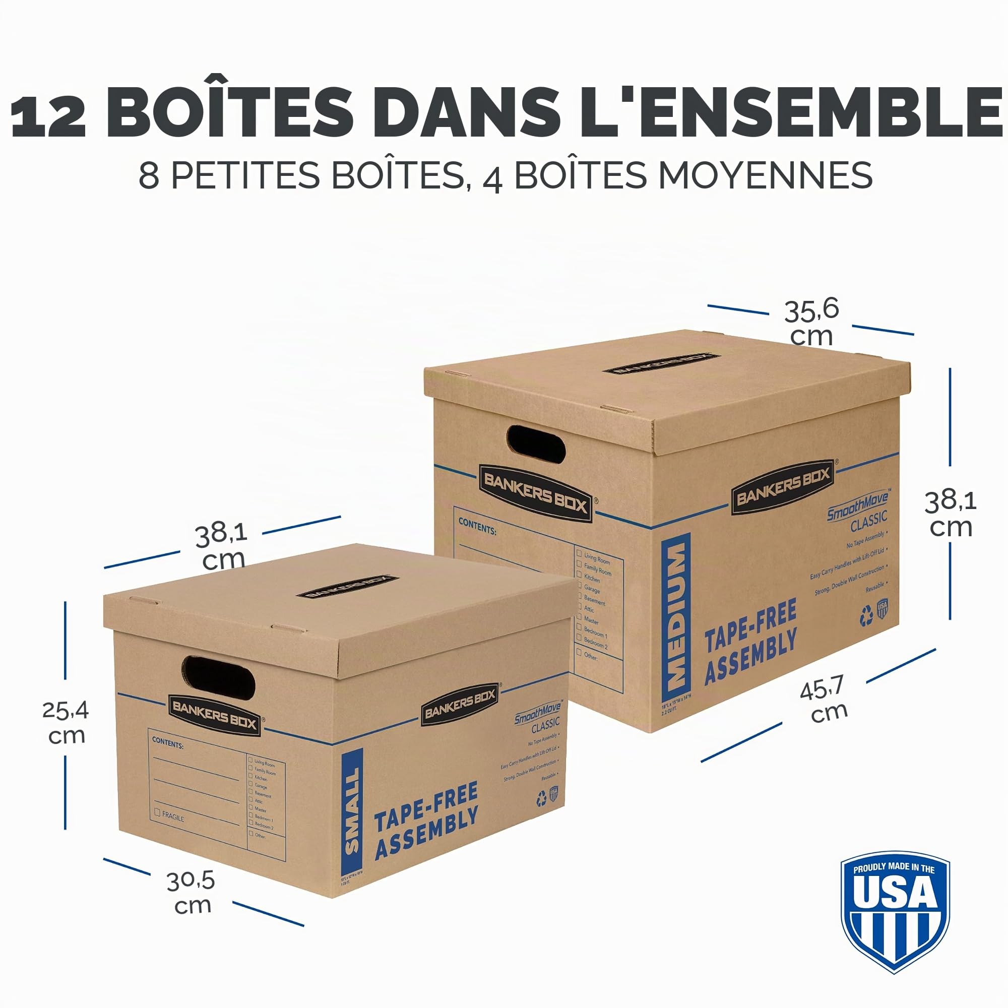 BANKERS BOX 7716401 Lot de 12 boîtes de déménagement classiques avec poignées renforcées, assemblage sans ruban adhésif, boîte avec couvercle, 8 petites et 4 boîtes moyennes