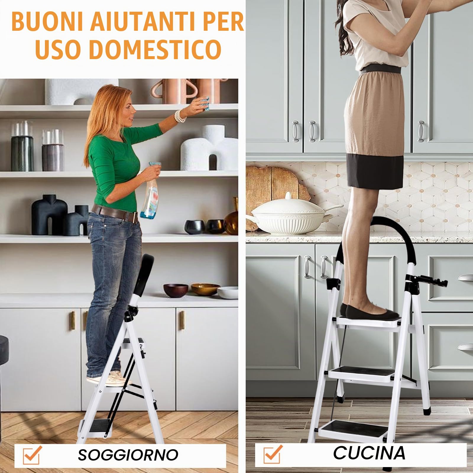 Scaletta pieghevole a 3/4/5 gradini di carico massimo di 150 kg, blocco di sicurezza, pedali larghi braccioli a scala a scomparsa leggeri per casa, cucina, armadio e ufficio (bianco-3 gradini)