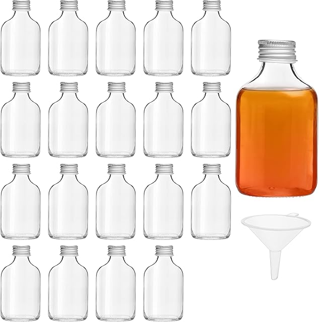 Belle Vous 50ml/1.7oz Glass Flask Liquor Bottles with Silver Caps & Funnel (20 Pack) - Empty Screw Top Miniature Favour Bottles for Weddings & Parties - Alcohol, Schnapps, Whisky, Shots & Spirits