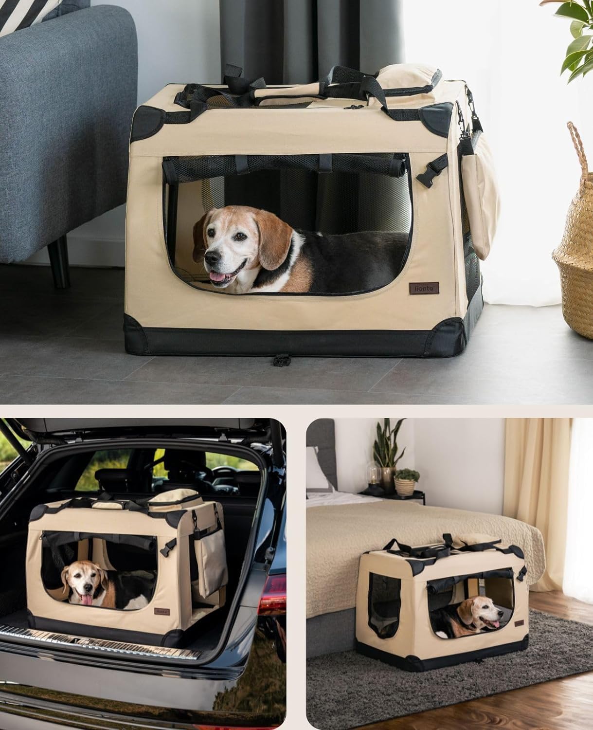 lionto Borsa trasportino per cani pieghevole per viaggi e auto, 70x52x50 cm, box di trasporto stabile con maniglie per gatti e animali fino a 15 kg, scatola in tessuto, beige
