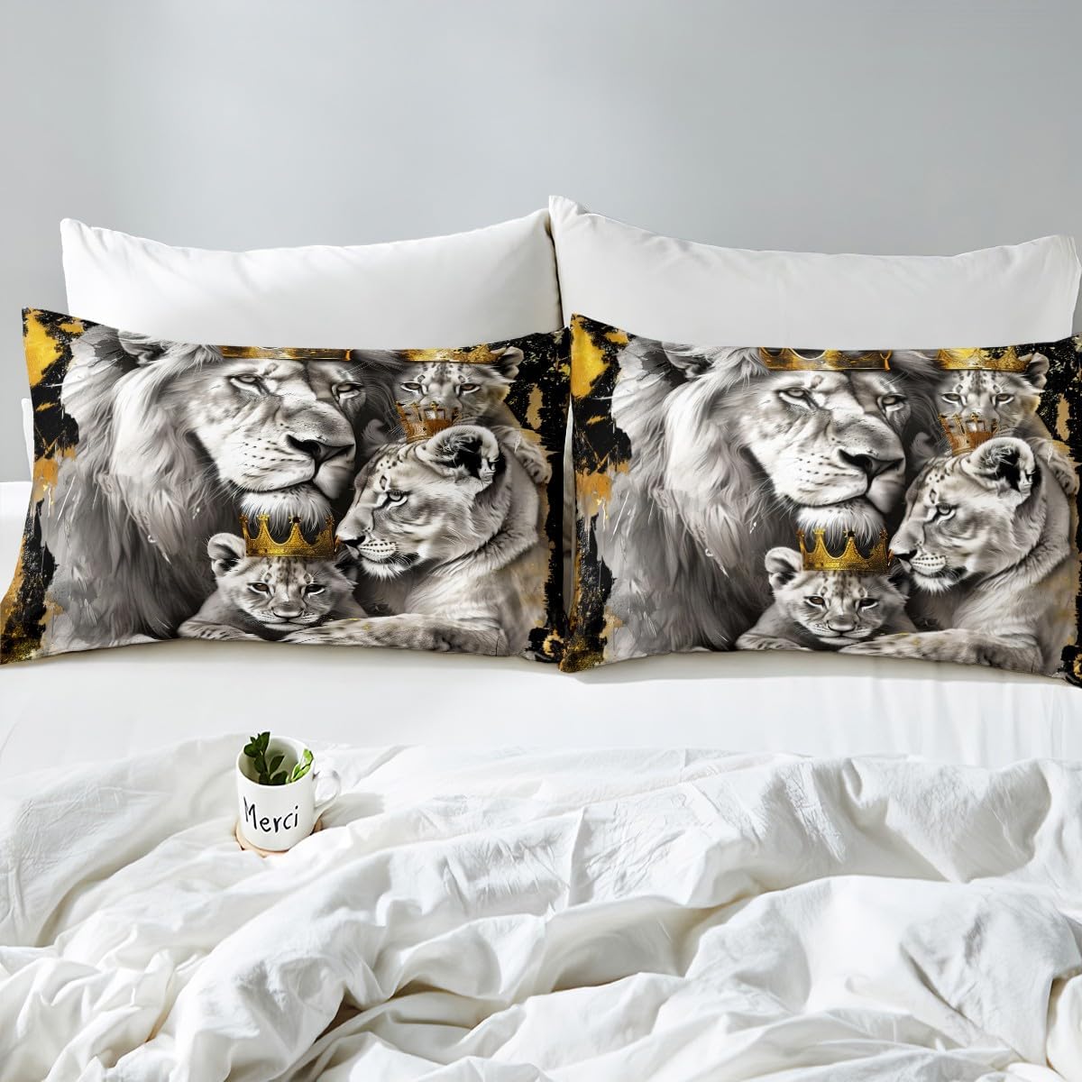 Lion Family Kids Duvet Cover Set Full Size,Gold King and Queen Crown Bedding Set,Boys Men Room Decor,Wild African Animal Hunting Adventure Comforter Cover,Grey Quilt Cover,2 Pillowcases(No Comforter)