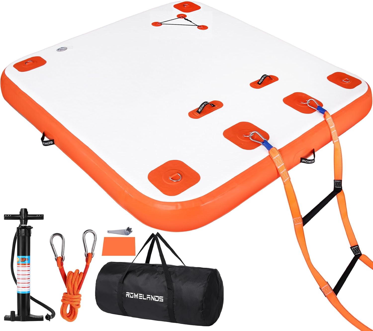 inflatable floating dock, swim platform floating island raft, large air mat inflatable water pad with none-slip surface for lake pool beach ocean orange