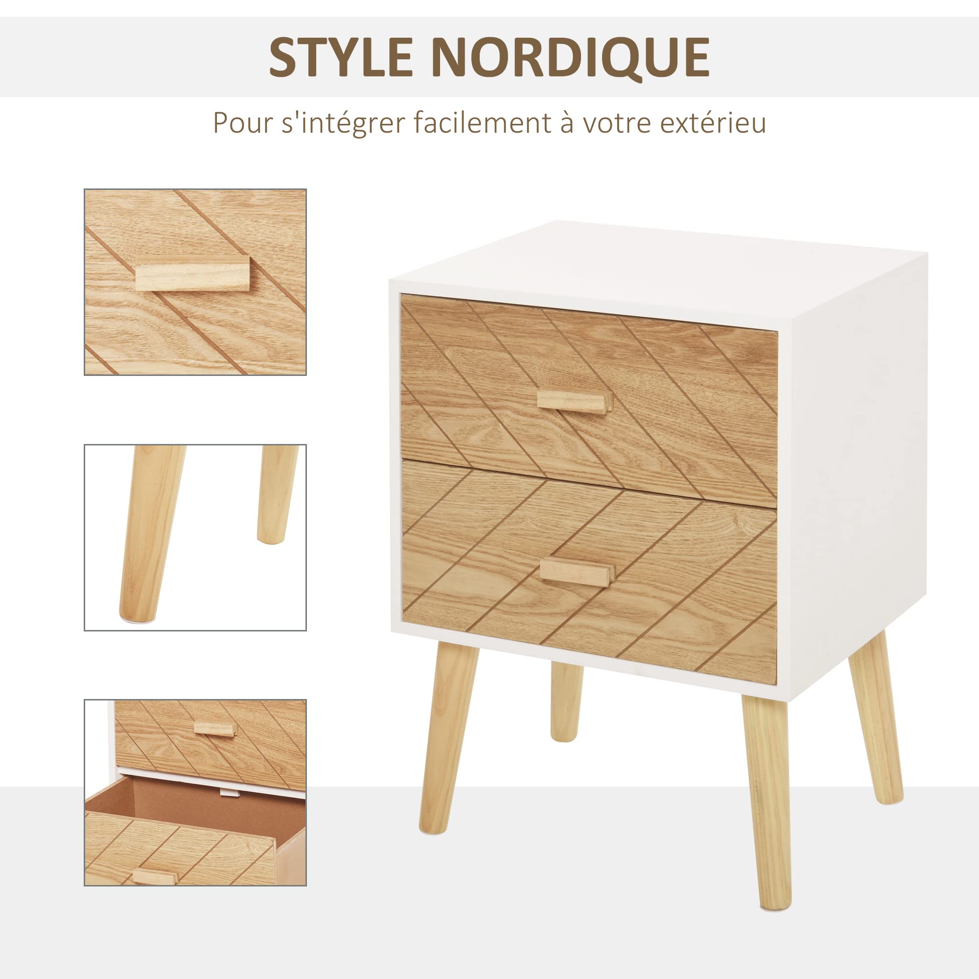 HOMCOM Table de Chevet Bois avec 2 Tiroirs Scandinave 40L x 30l x 56H cm | Chiffonnier, Commode, Meuble de Rangement