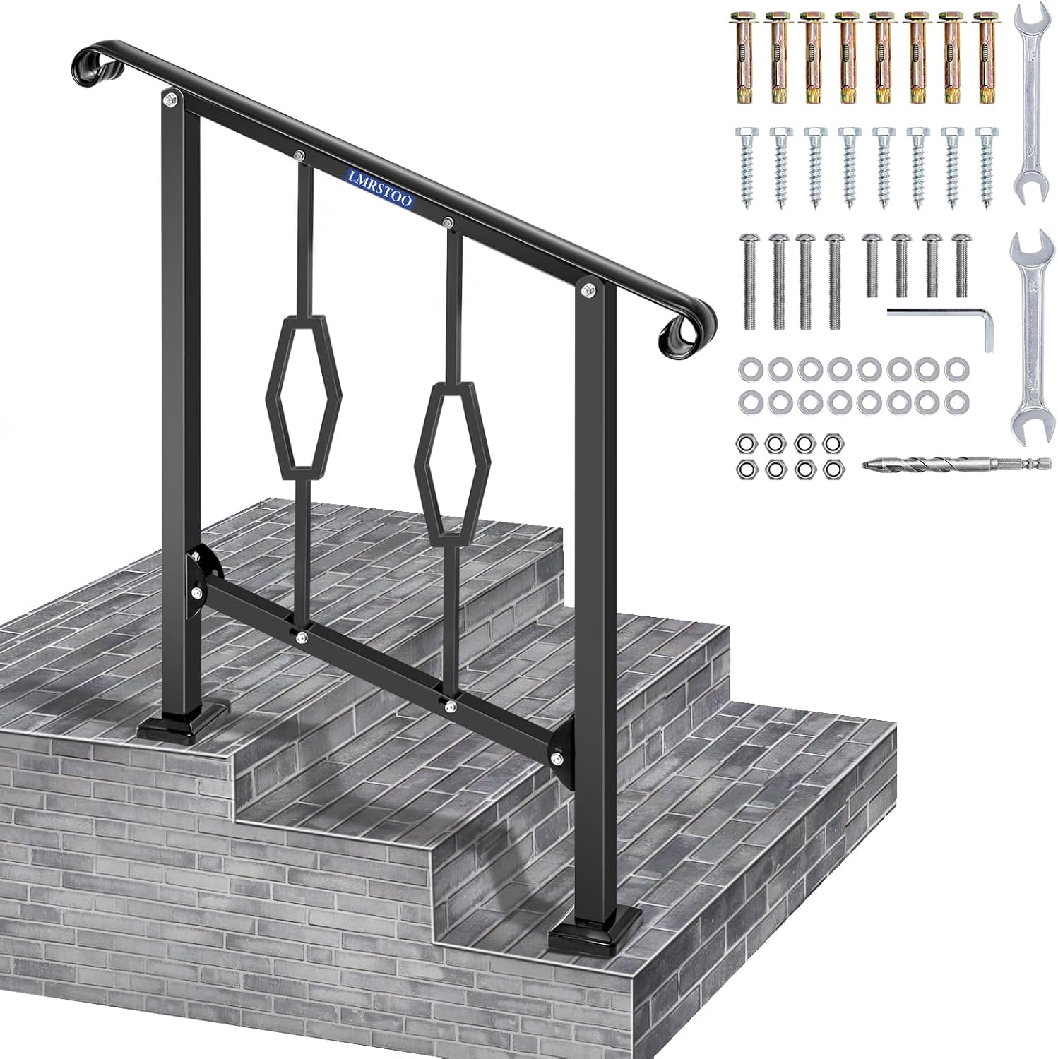 Handrails for Outdoor Steps, Fit 2 or 3 Steps Outdoor Stair Railing, Black Wrought Iron Handrail for Concrete Steps or Wooden Stairs (2-3 Step Rhombus)