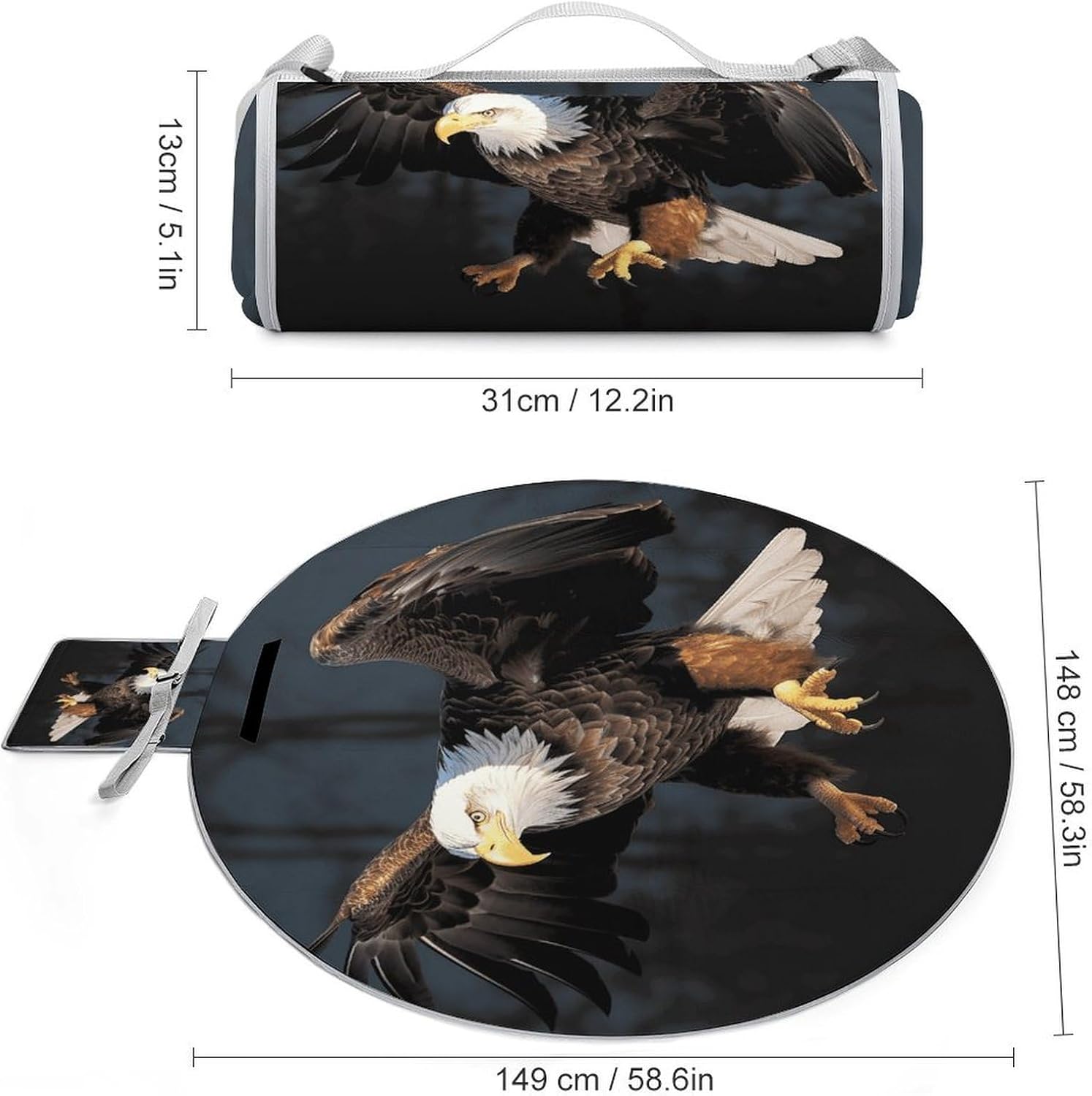 3D Bald Eagle Picnic Mat Lightweight Waterproof Picnic Blankets Extra Large Picnic Outdoor Blankets Foldable Sandproof Beach Blanket for Park Beach Camping Courtyard 58.3''x58.3''