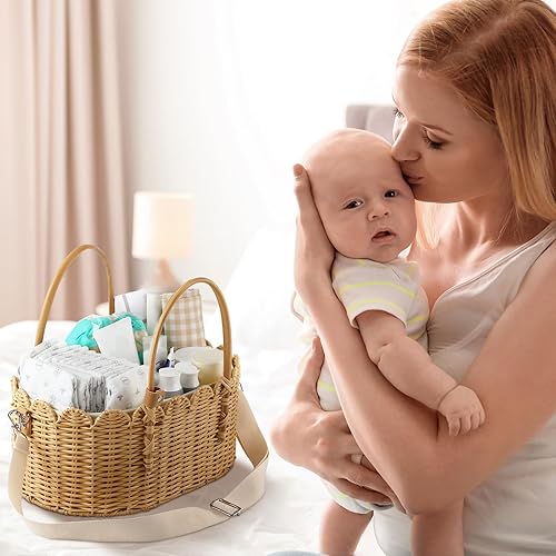Miniatura 4 de Organizador de pañales para bebé, cesta de ratán festoneada hecha a mano con correa para el hombro y divisor extraíble, cesta de pañales para