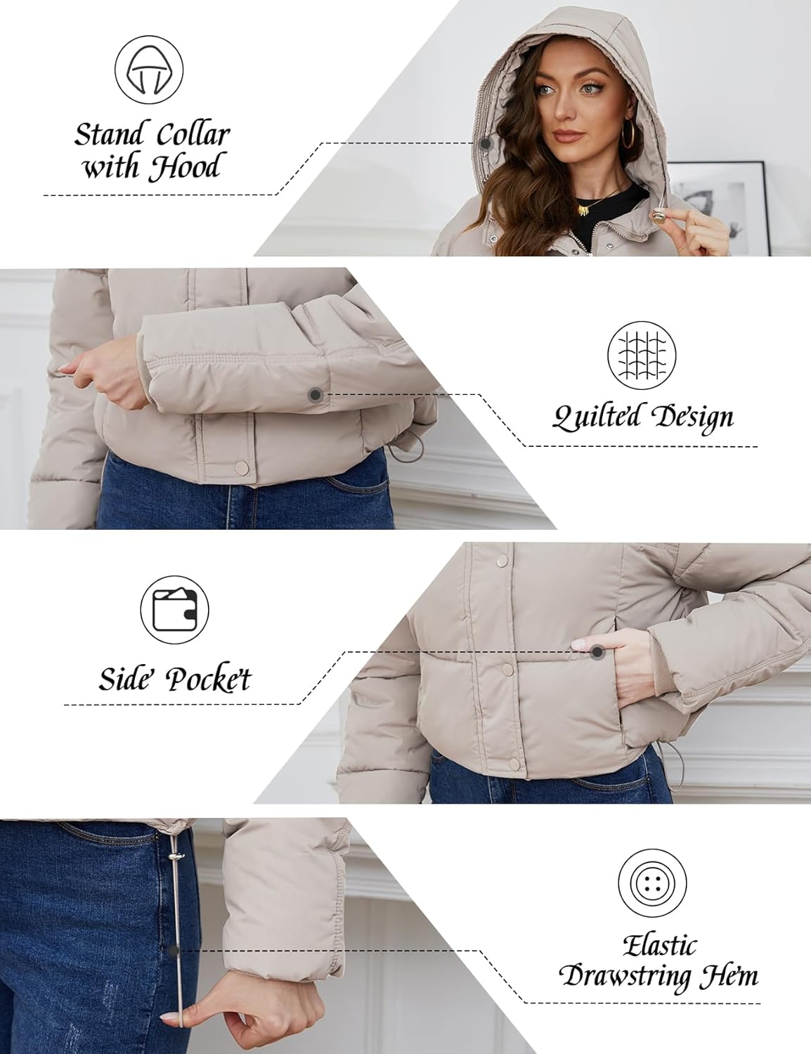 Yimoon Womens Winter Cropped Puffer Jacket Hooded Zip Up Short Warm Quilted Puffer Coat Outerwear - Image 7