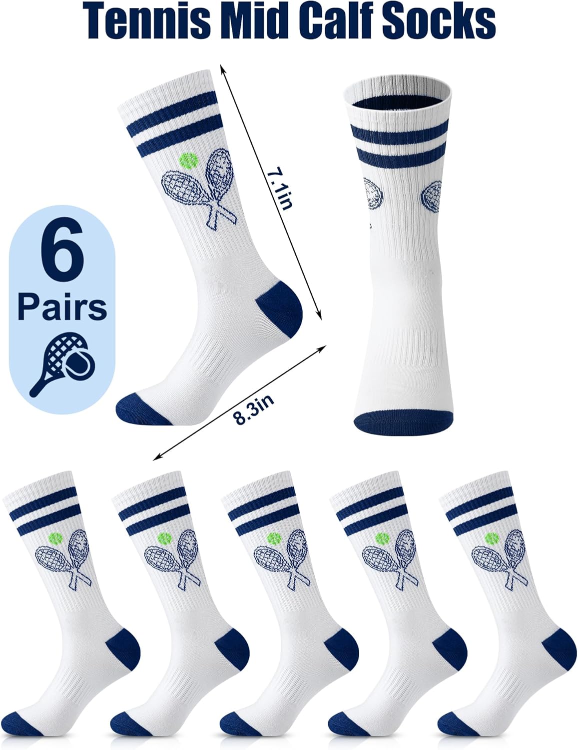 Shihanee 6 Pairs Funny Tennis Socks for Women Novelty Casual Crew Socks for Tennis Lovers Birthday Holiday Valentine's Day Gift - Image 3