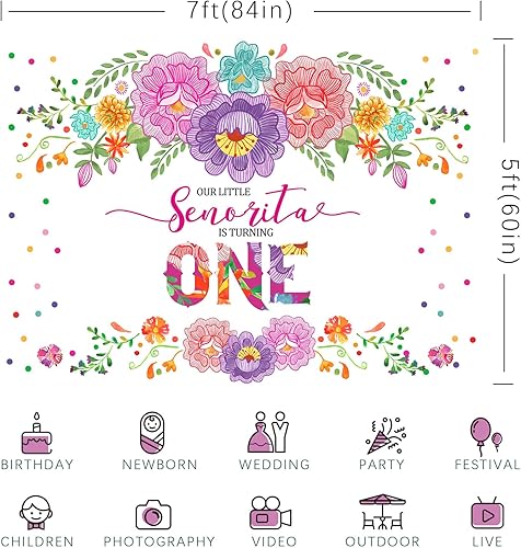 Miniatura 6 de Fondo de fiesta mexicana para el primer cumpleaños para niñas, flores, Senorita Turning One, fondo de fotografía de 7 x 5 pies, fiesta de niña,