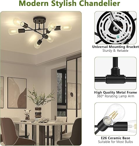 Miniatura 3 de Asnxcju Lámpara de techo moderna semiempotrada, lámpara Sputnik negra de 6 luces para iluminación de dormitorio, lámpara de cocina industrial para