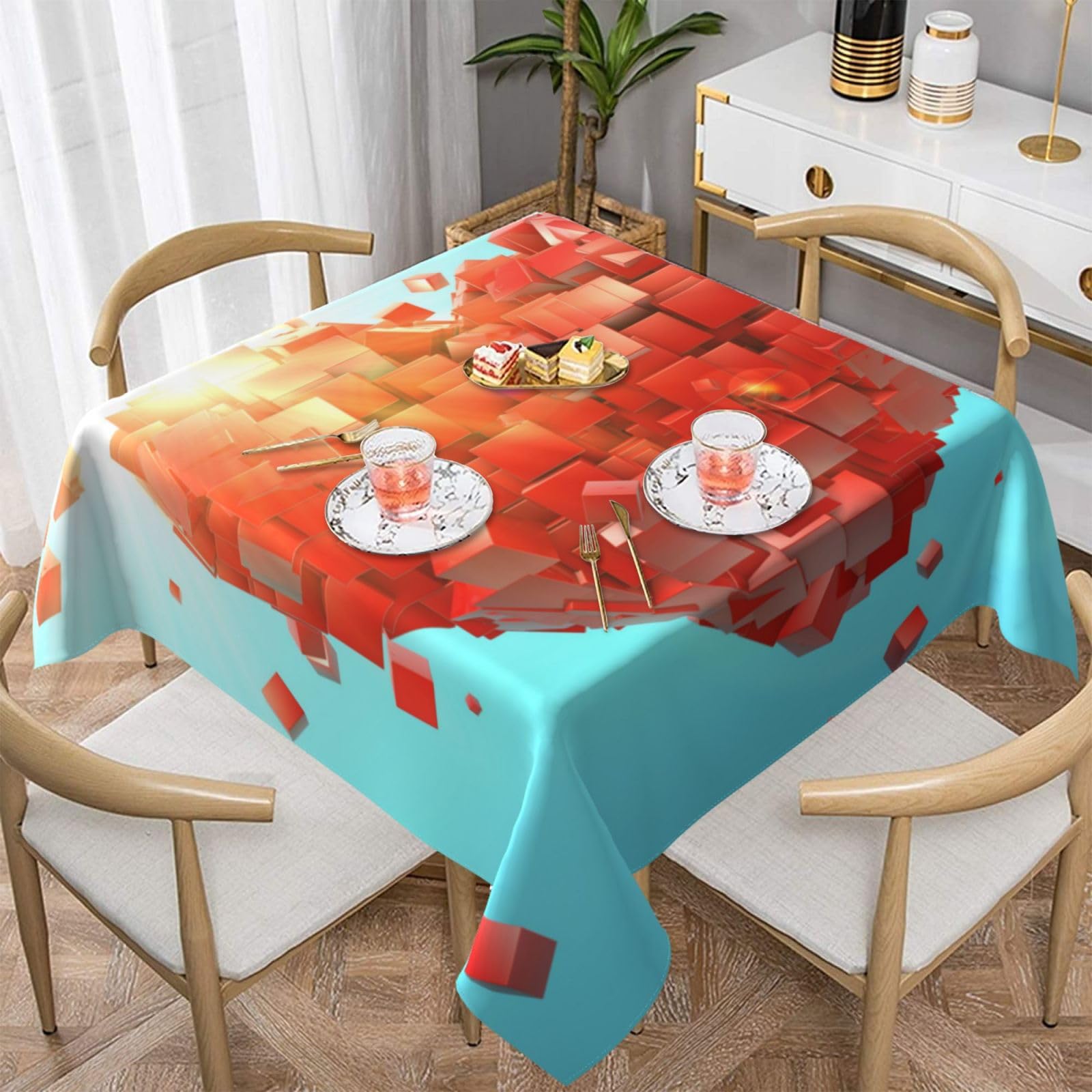Nappe carrée imperméable 152x152 cm anti-poussière au motif cubes de cœur pour table de cuisine