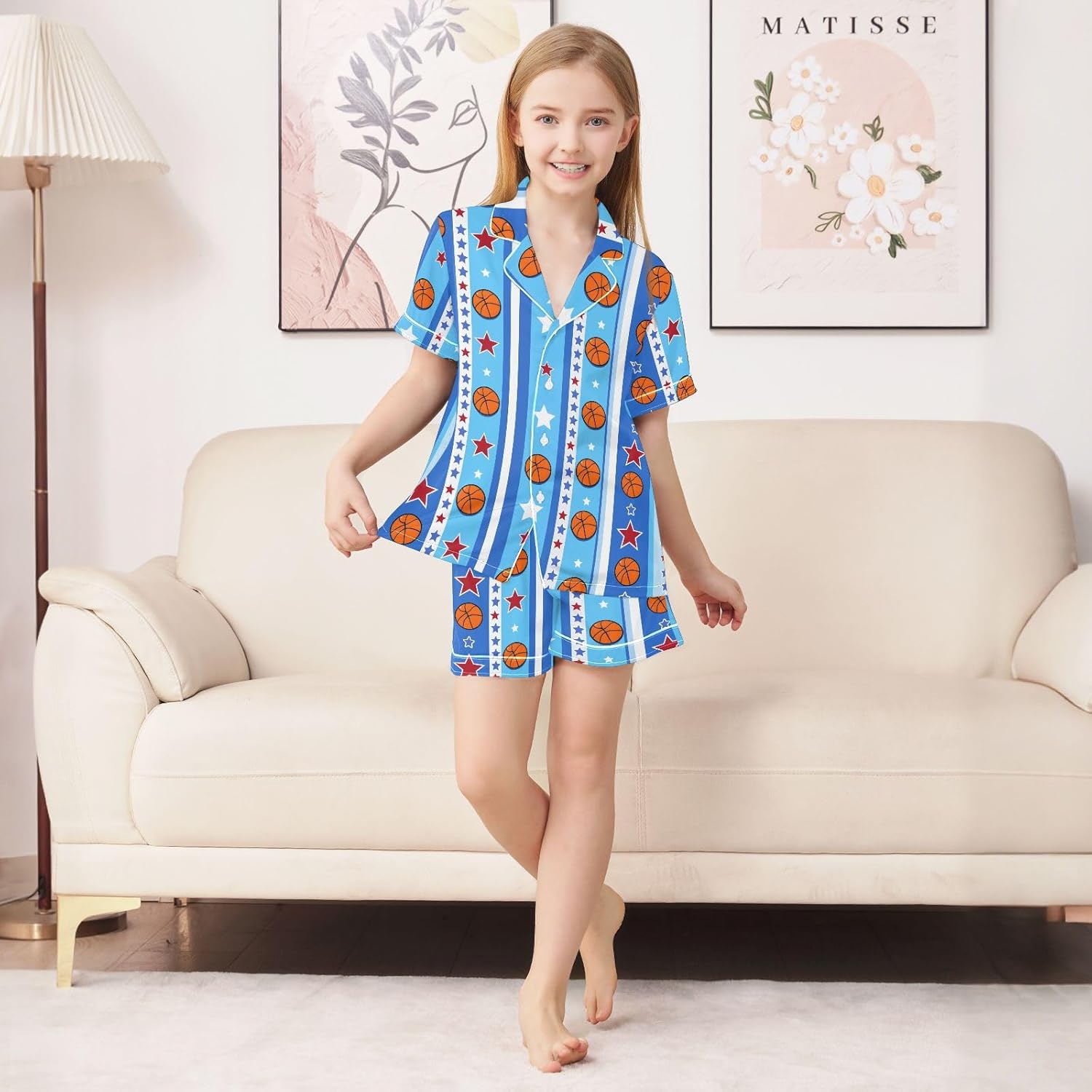 Kids Satin Wear Set Cartoon Basketball Star Pattern Relaxed Fit Clothing Short Sleeve and Shorts