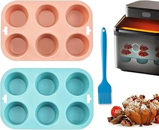 Silicone Muffin Pan - 6-Cavity Nonstick Baking Tray for Muffins, Cupcakes, Brownies and More - Food Grade and BPA Free - Pack of 2 Colors with brush