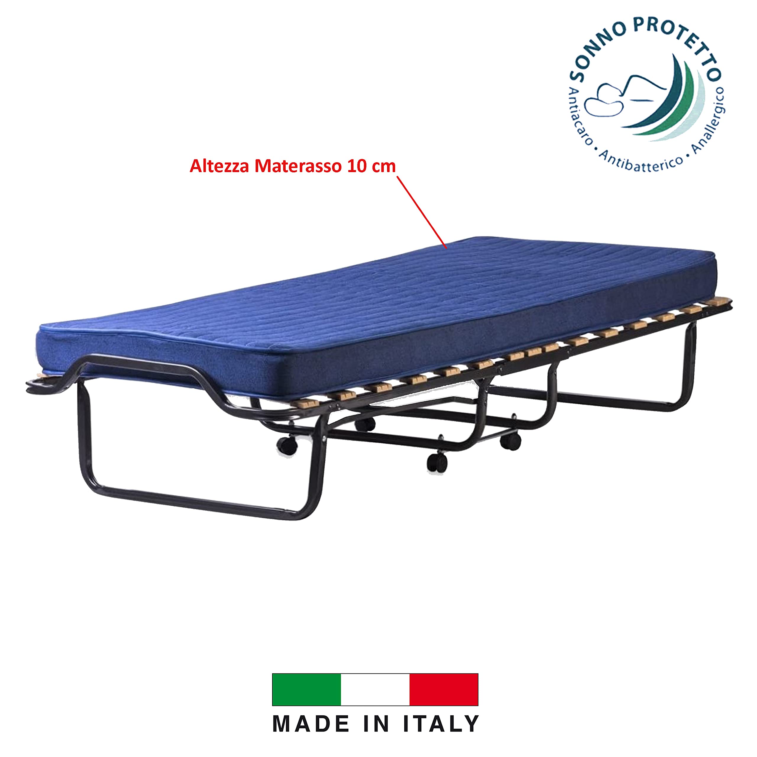 Somnus SANA - Brandina Pieghevole Singola, Con rotelle e materasso in WaterFoam, 80 x 200 x 38 cm