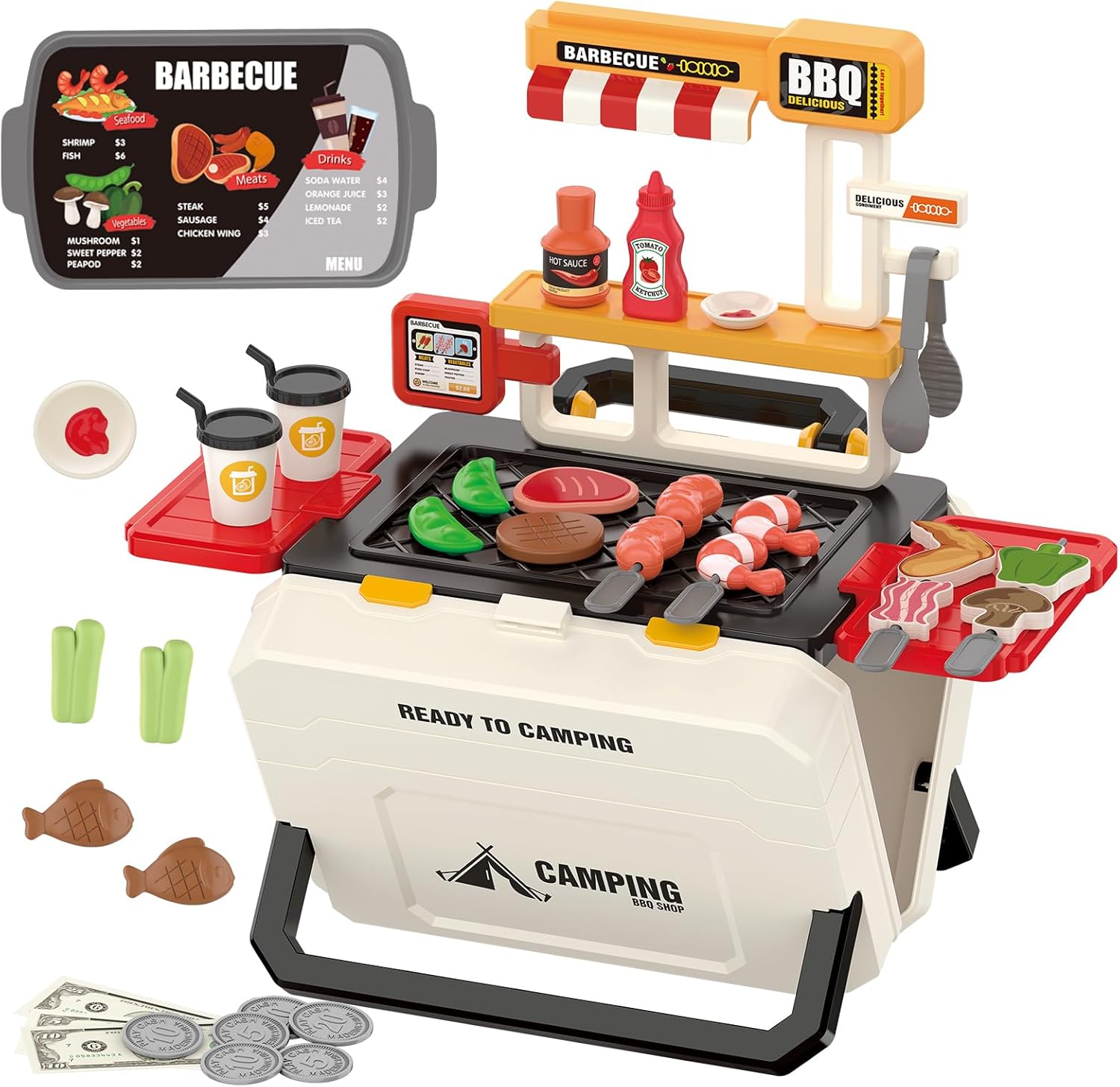 Kids Fun Toys Portable BBQ Grill Play Set for Toddlers Ages 3-8 - Realistic Outdoor Pretend Cooking Toy with 51PCS, Camping Kitchen Pretend Play for Boys Girls
