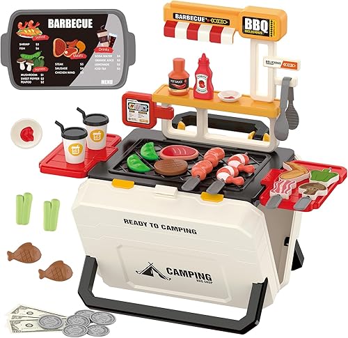 Kids Fun Toys - Juego de parrilla portátil para niños de 3 a 8 años, juguete realista de cocina al aire libre con 51 piezas, juego de simulación de