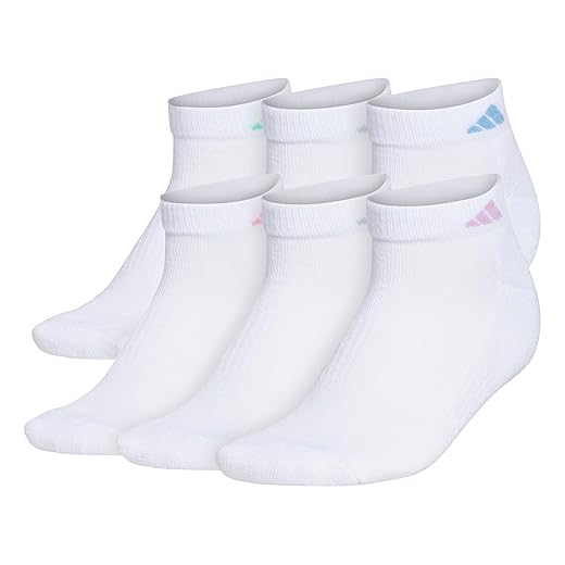 adidas Women's Athletic Cushioned Cut Socks (6-Pair) Low Profile Arch Compression for a Secure Fit, White/Clear Sky Blue/Bliss Lilac Purple, Medium