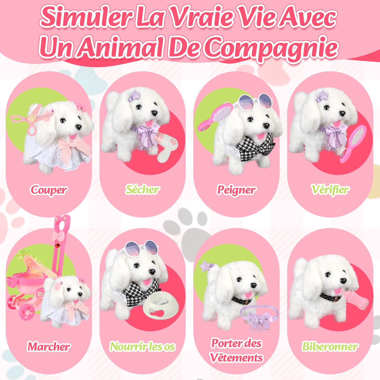 Charmofun Chien Interactif Jouet Enfant avec Poussette Jouet, Electronique Chien Qui Marche et Aboie avec Accessoires, Peluches et Animaux Interactifs Cadeau pour Fille 3 4 5 6 Ans
