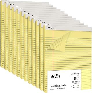 ViVin Legal Pads 8.5 x 11 Inch, Wide Ruled Note Pads, 12 Pack, 50 Sheet/Pad, Perforated Writing Pads, Notepads for Office Home School, 600 Sheets, Canary Yellow Paper