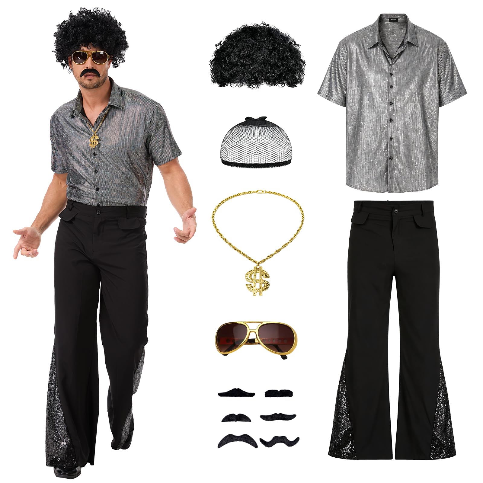 FJKVKDT 70s Disco Costume for Men - 7 Piece Set with Sequin Shirt, Flared Pants, Wig, Sunglasses, Dollar Necklace & Fake Mustaches - Halloween Retro Party Outfit (Silver, XXXL)
