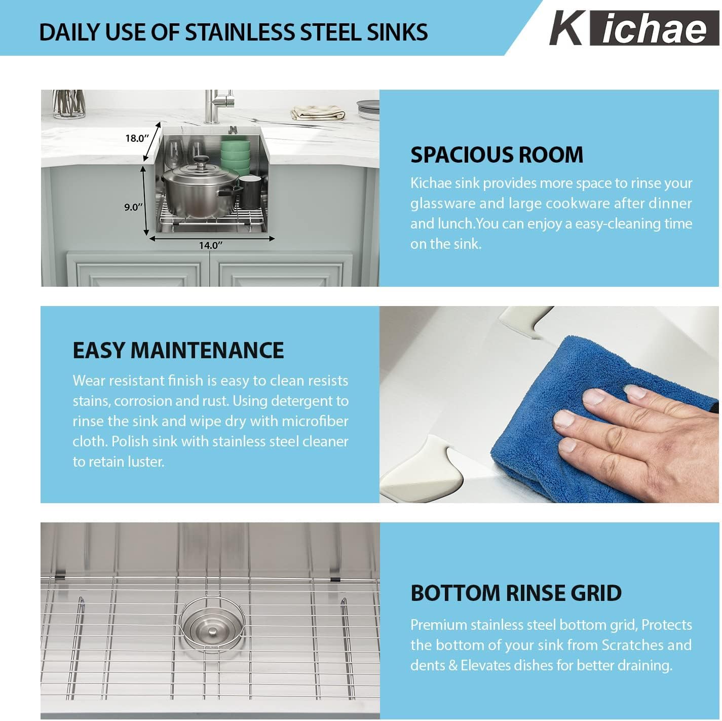 Kichae 14 Inch Small Kitchen Sink Undermount 14 x 18 Bar Prep Sink Undermount 18 Gauge Stainless Steel Deep Single Bowl RV Basin Handmade Round Corner
