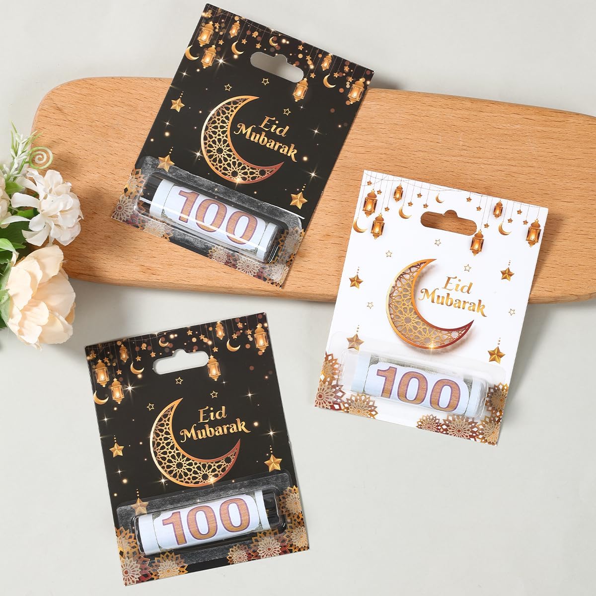 12pcs,Eid Mubarak Money Holders For Cash, Black Gold White Moon Star Lantern Paper Ramadan Kareem Cash Gift Ideas Decorations for Islamic Muslim Home Party Supplies Favor
