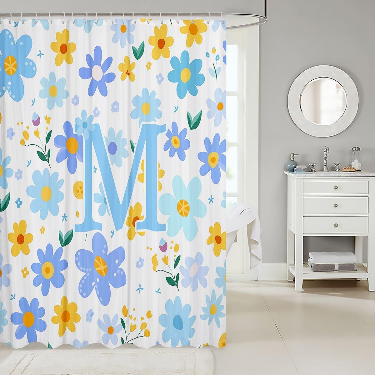 Feelyou Cute Flower Shower Curtain Cartoon Blue Floral Bath Curtain Personalized Letter M Bathroom Waterproof Accessories with 12 Hooks Kawaii Flowering Plants Waterproof Polyester,72x72 Inches image 2