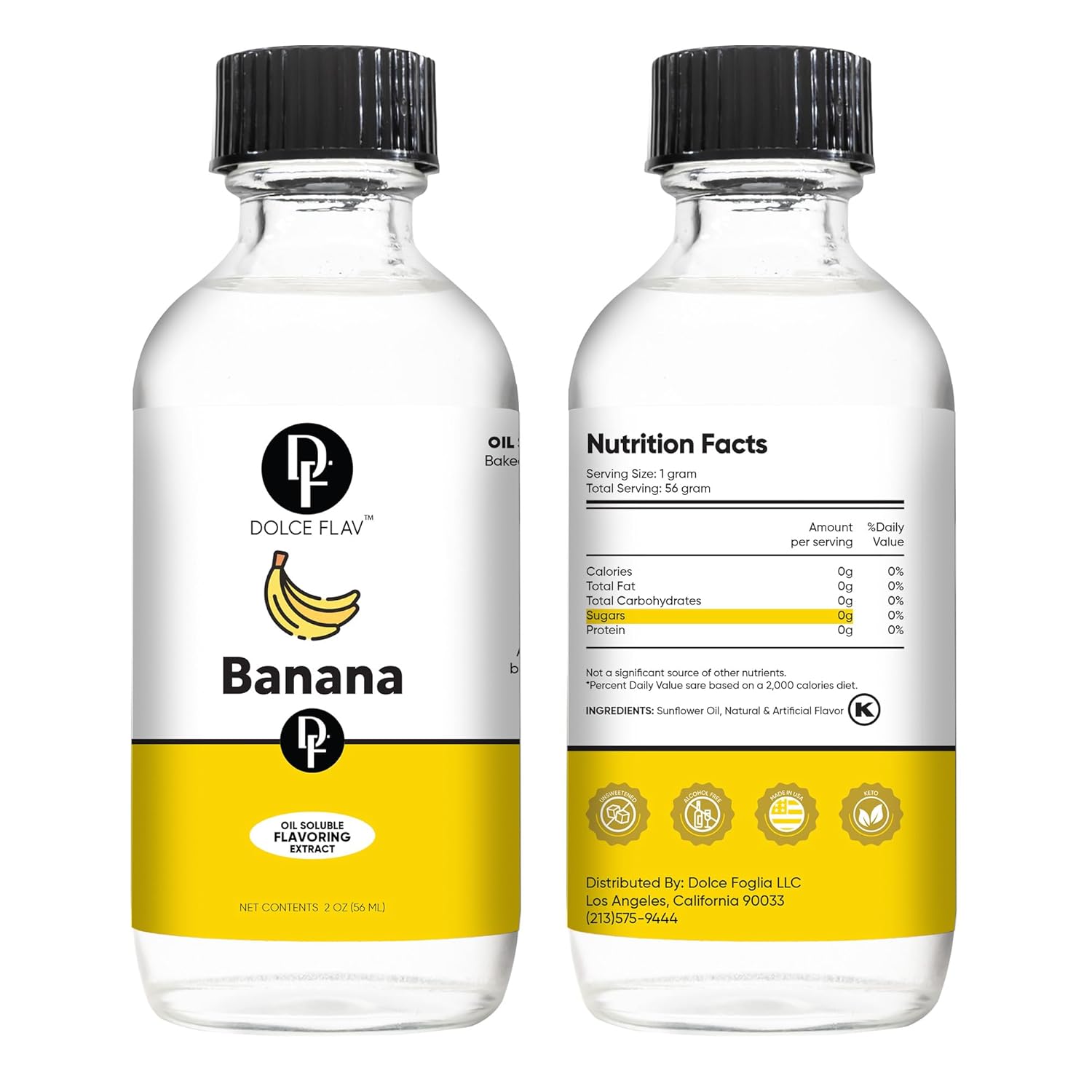 Dolce Flav Banana Extract – 2 Ounce Oil-Soluble Kosher, Sugar-Free, Concentrated Ripe Banana Flavoring for Baking, Smoothies & Ice Cream, Includes Measured Dropper, Pack of 2