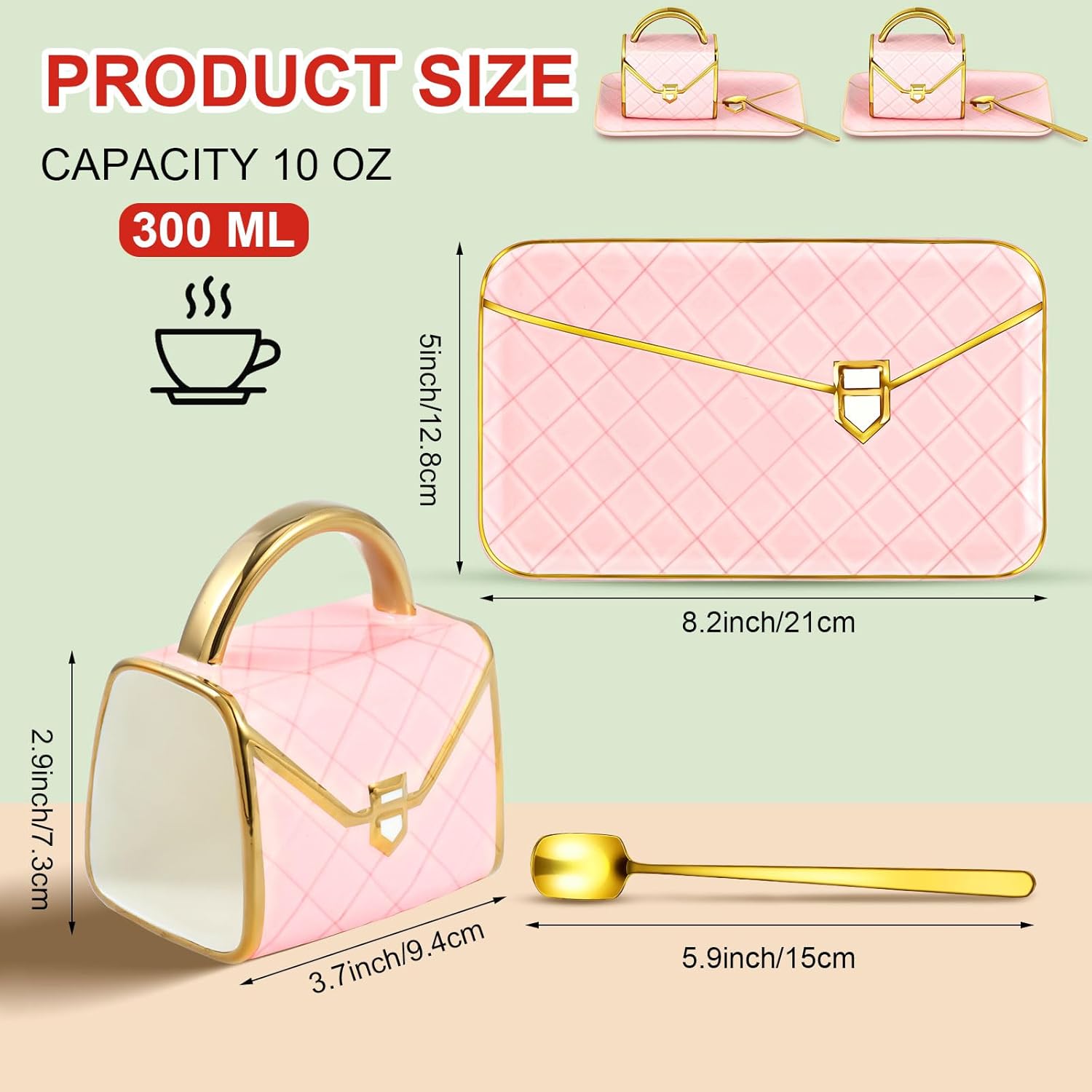 Zubebe 2 Sets Coffee Mug Elegant Handbag Shaped Cup Mother's Day Modern Ceramic Purse Mug with Spoon and Saucer, 10oz Cute Creative Tea Cup for Woman Girls Gift (Pink)
