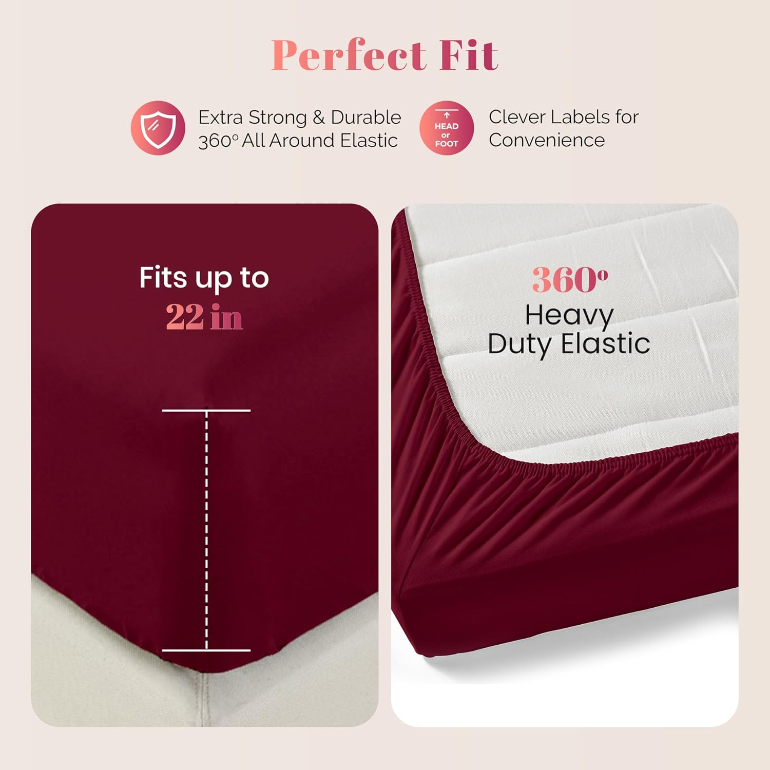 100% Egyptian Cotton Twin Size Fitted Sheet Only - Luxury 1000 Series Majestic Collection 22" Deep Pocket Twin Size (1 PC, Burgundy), Soft Cooling Sateen Elasticized 22" Bottom Sheets
