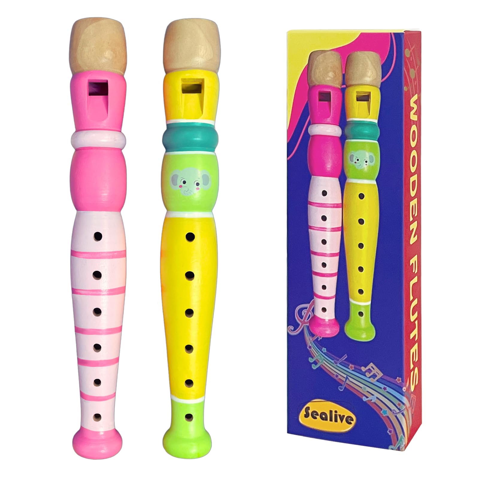 Sealive - 2 pequeñas flautas de madera para niños, flauta pequeña colorida para niños, instrumento musical para el aprendizaje del ritmo, juguete musical y sonoro para autismo o niños en edad