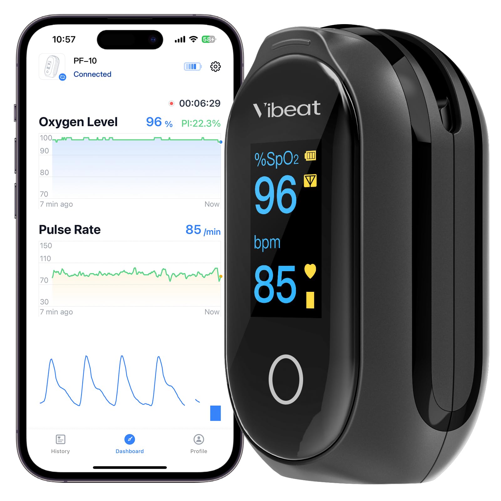 Vibeat Sleep Pulsossimetro da dito Bluetooth con Modalità Continua, Pulsossimetro Ricaricabile con 8 * 10 ore di Registrazione dati, con Sincronizzazione Automatica dei Dati