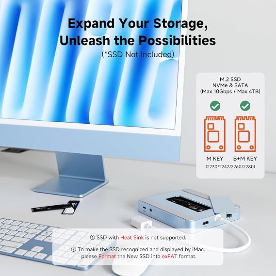 Minisopuru DS802PRO iMac Docking Station - iMac Hub with 4K@60Hz HDMI, USB C Charging, 2.5GbE, 4TB M.2 SSD Enclosure, 4 USB, SD/TF, Audio, i Mac Dock for iMac 24 inch M1/M3/M4 | Blue
