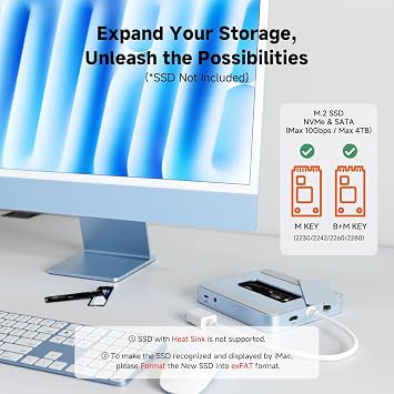 Minisopuru DS802PRO iMac Docking Station - iMac Hub with 4K@60Hz HDMI, USB C Charging, 2.5GbE, 4TB M.2 SSD Enclosure, 4 USB, SD/TF, Audio, i Mac Dock for iMac 24 inch M1/M3/M4 | Blue