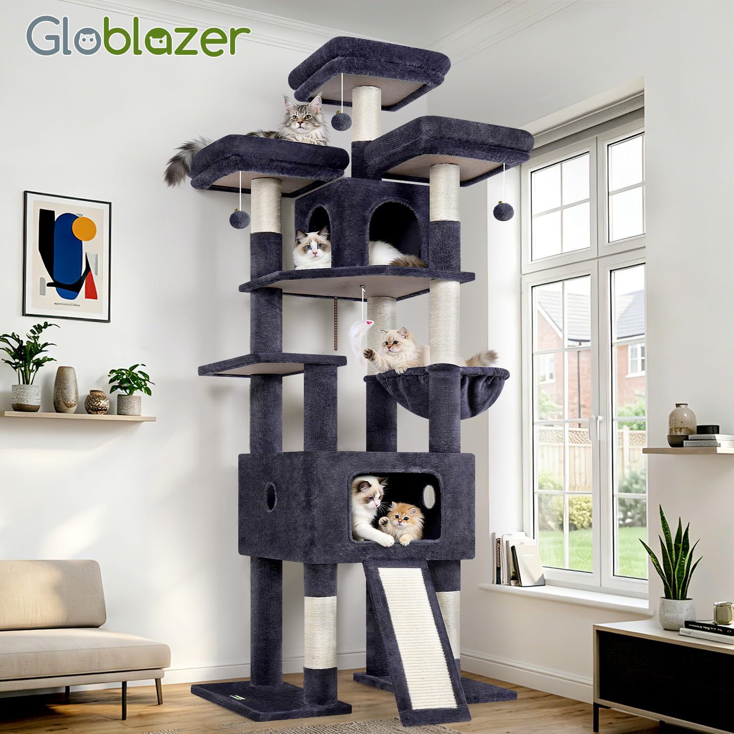 Globlazer Drapak XXL dla dużych kotów, 192 cm, z bardzo dużym domkiem dla kotów 48 x 48 x 30 cm, 3 wyściełane tyczki, kosz, sizalowa deska do drapania, stabilne drzewko dla 3-4 dorosłych kotów (F75