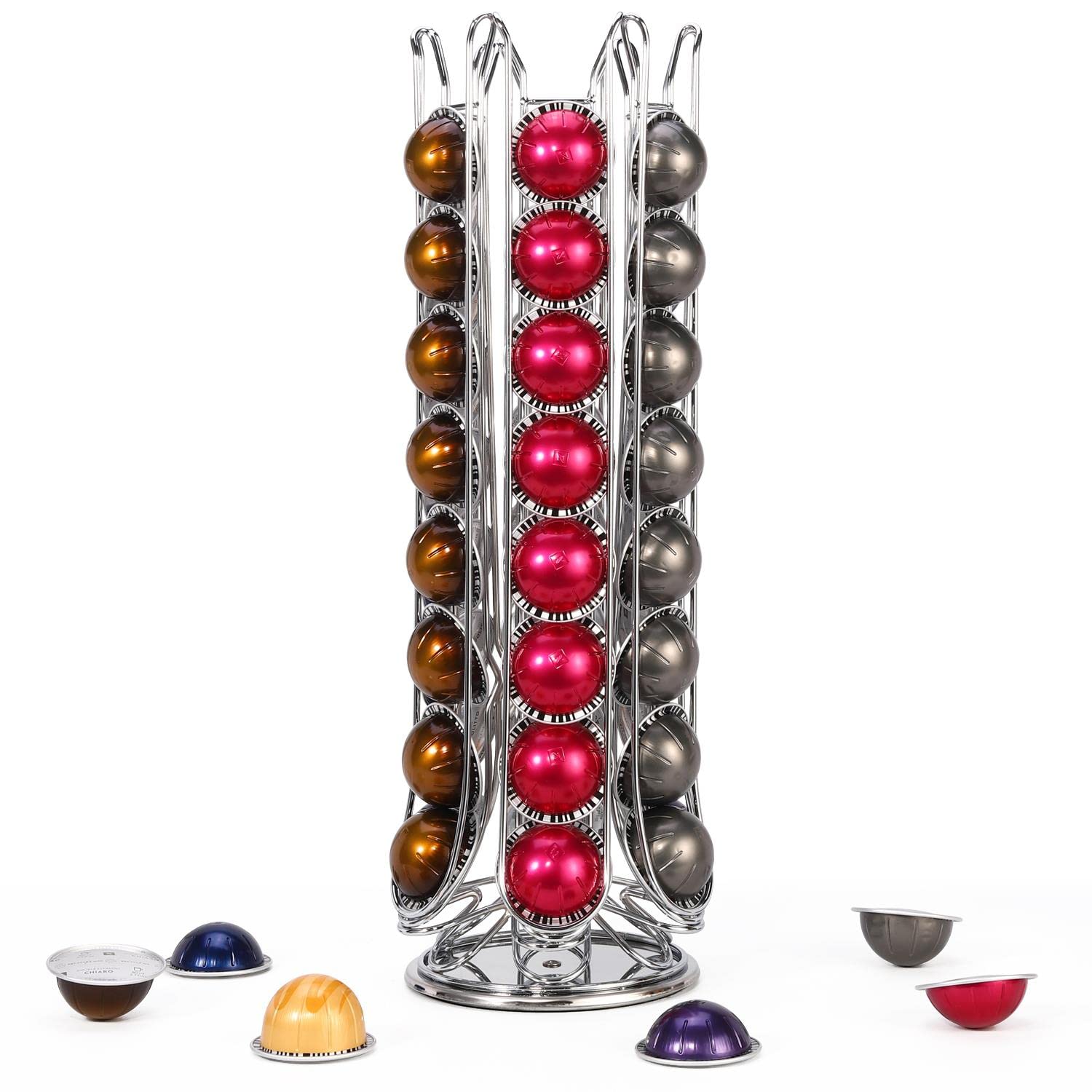 Vinsani Chrome 48 Coffee Pod Holder For Nespresso Vertuo Vertuoline Pods Capsules Rotating 6 Stand Coffee Pods Storage Rack Stand Large Capacity Pod Revolving Storage Stand Organiser –