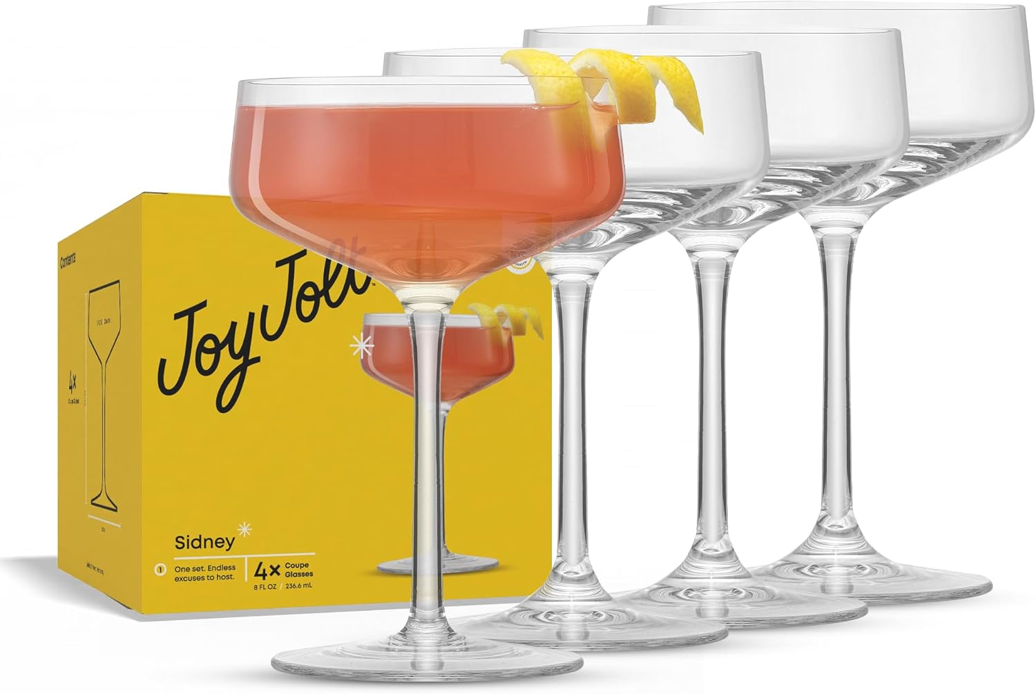 JoyJolt Sidney Cocktail Coupe Glasses Set of 4 | 8 oz Martini Glasses for Espresso Martini, Margarita, Champagne | Stemmed Bar Glass Set | Premium Crystal Made in Europe