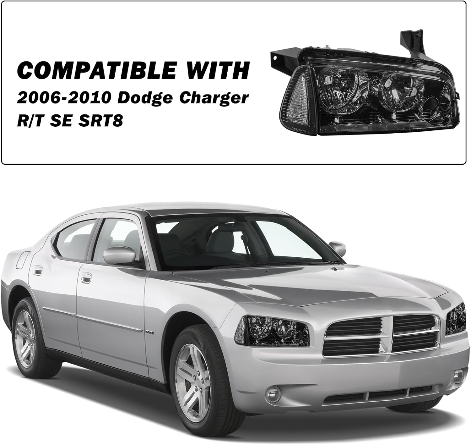 SOCKIR 4Pcs Halogen Headlight Assembly Compatible with 2006-2010 Dodge Charger Headlight with Corner Light Replacement OE Headlamp Passenger and Driver Side with High/Low Beam Bulbs