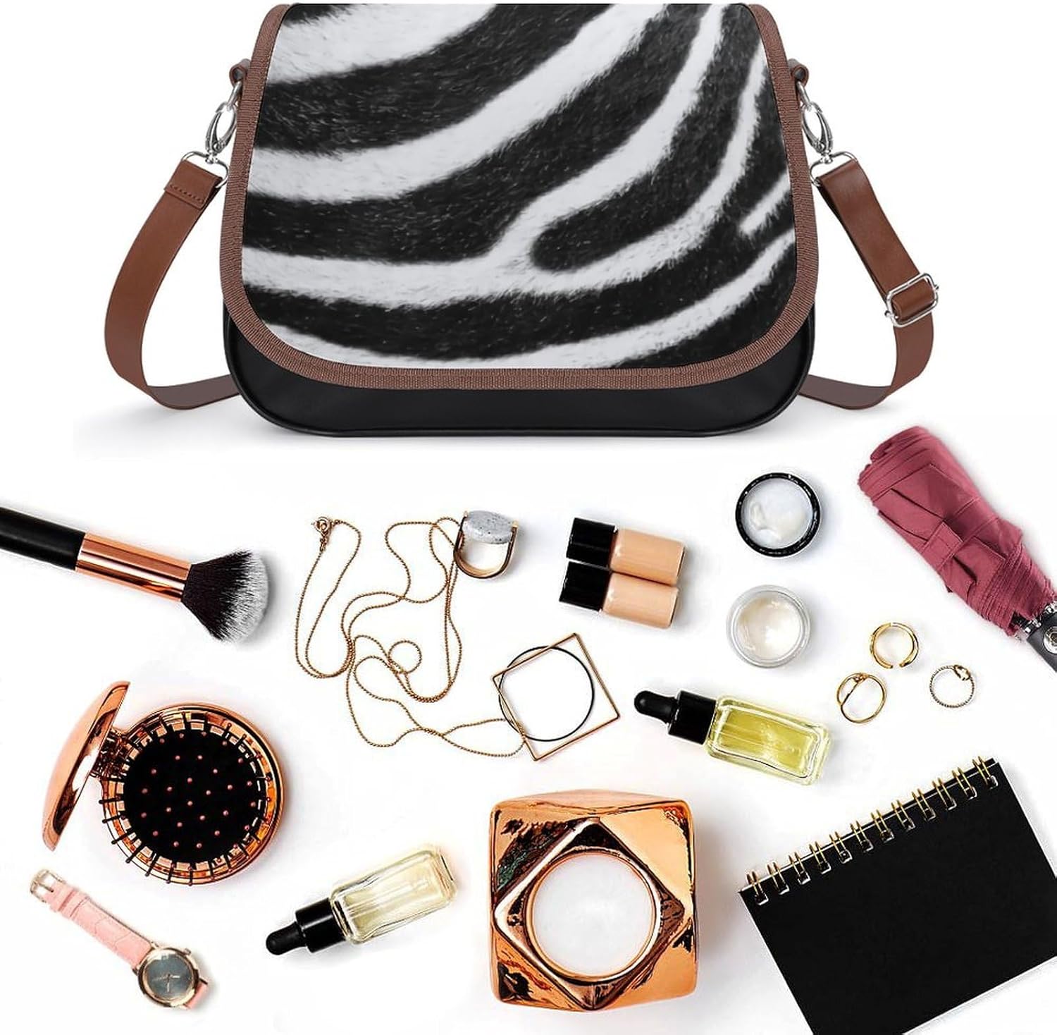 Black White Stripes Zebra PrintWomen's Faux Leather Crossbody Bag, Waterproof Wrinkle-Resistant Shoulder Bag with Detachable Strap, Large Capacity Casual Handbag, Fashion Daily Purse for Shopping Work