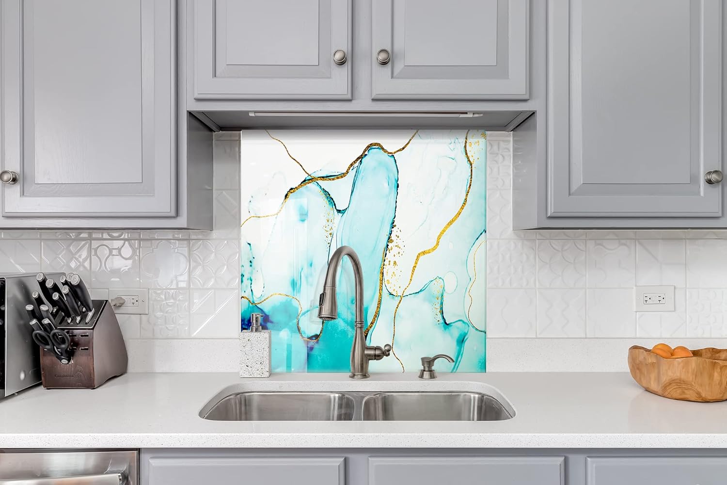 Myphotostation Alcohol Ink Tempered Glass Backsplash 12x12'' Blue Abstract Splashback for Kitchen Decor Bathroom Wall Protector Oven Backsplash Panel Tile Glass Cooker Splashback