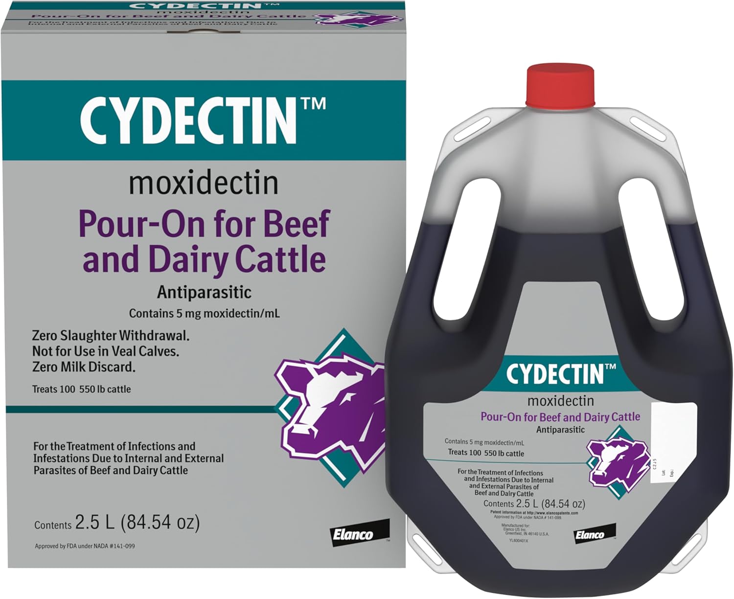 Elanco Cydectin Pour-On Cattle Parasiticide | Treats Worms, Flies, Lice, Grubs, and Mites | 2.5L Dewormer