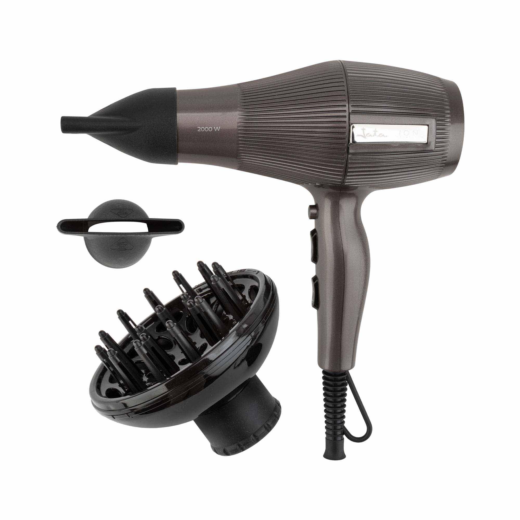 JATA JBSC1290 - Secador Pelo Profesional. Secador Pelo Ionico. 2200 W. 2 Concentradores y Difusor. 3 Temperaturas. 2 Velocidades. Cabello Sin Encrespamiento. Motor AC. Gancho para Colgar. Aire Frío