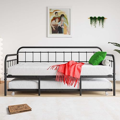 Anwick Marco de sofá cama de metal de tamaño individual con nido, camas de día con nido extraíble, sofá cama de plataforma con soporte de listones
